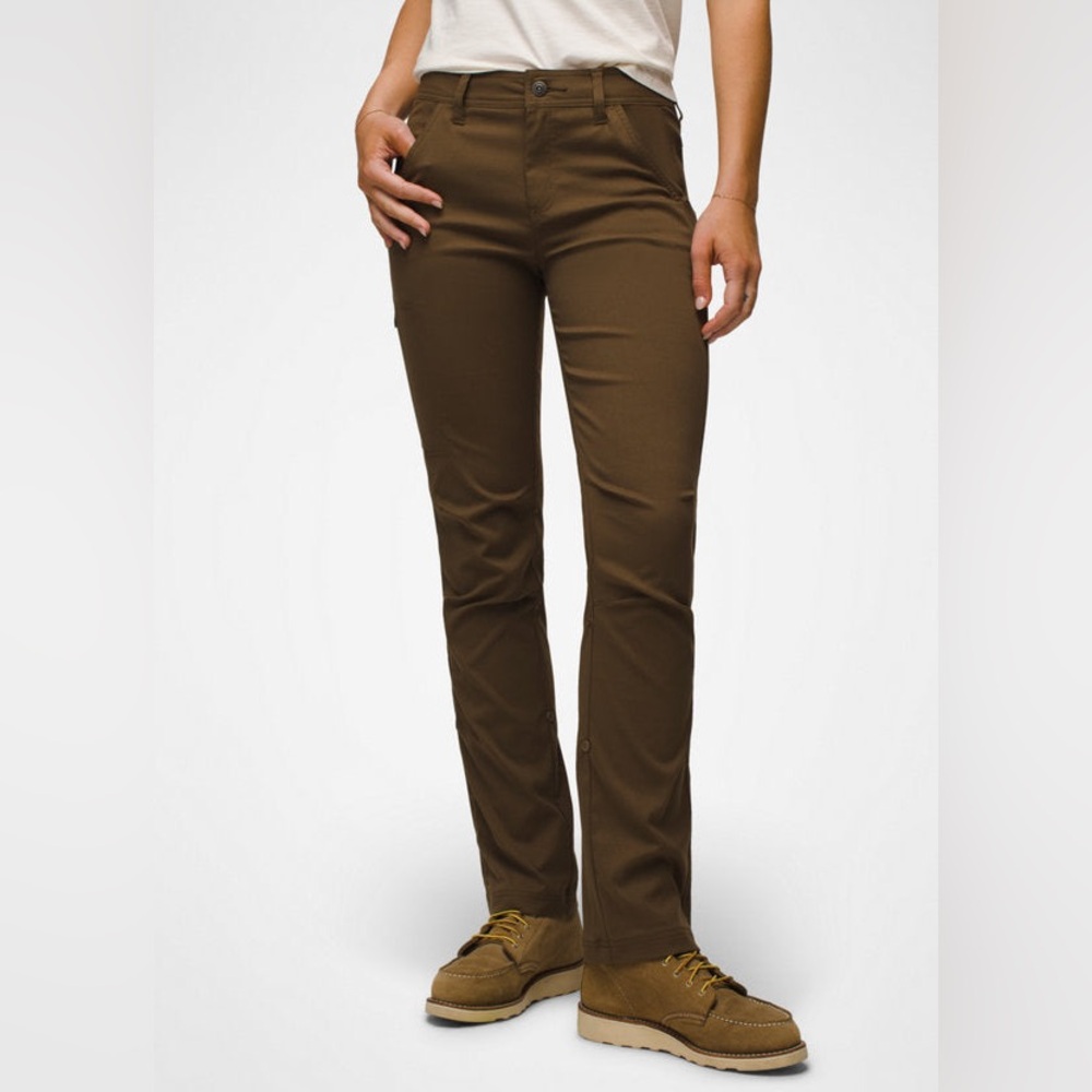 Prana Halle Stretch Zion Mid Rise Pants in Rich Earth Brown Roll Up Snaps Size 6